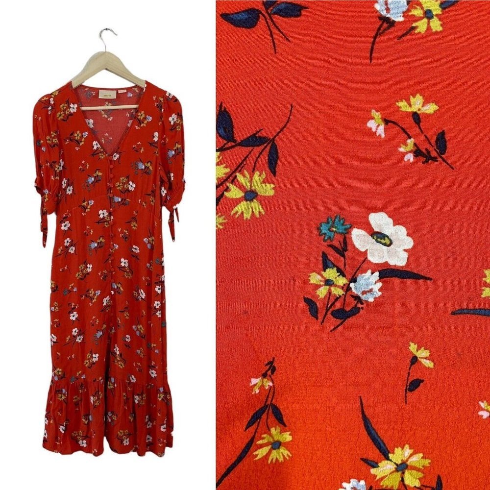 Maeve By Anthropologie 4 Eudora Dress Midi Button Front Floral Red Womens READ